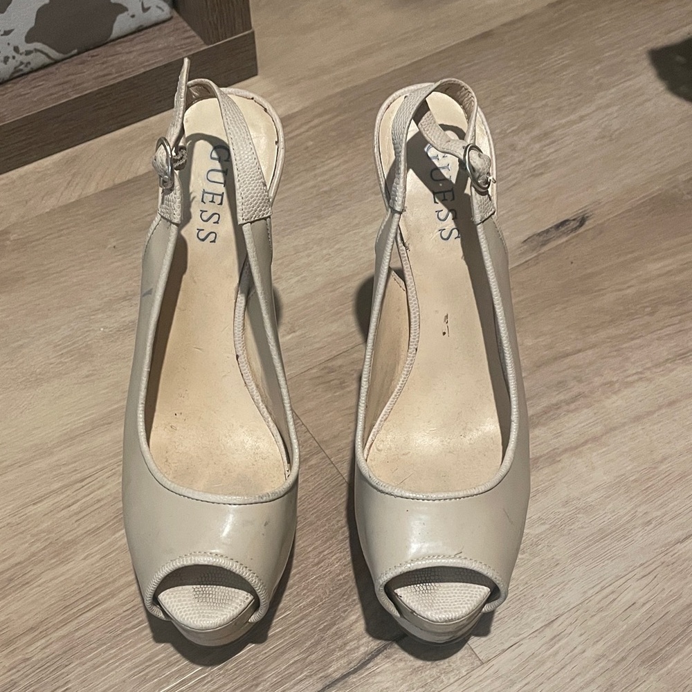 GUESS Cream Peep-Toe Slingback Heels
